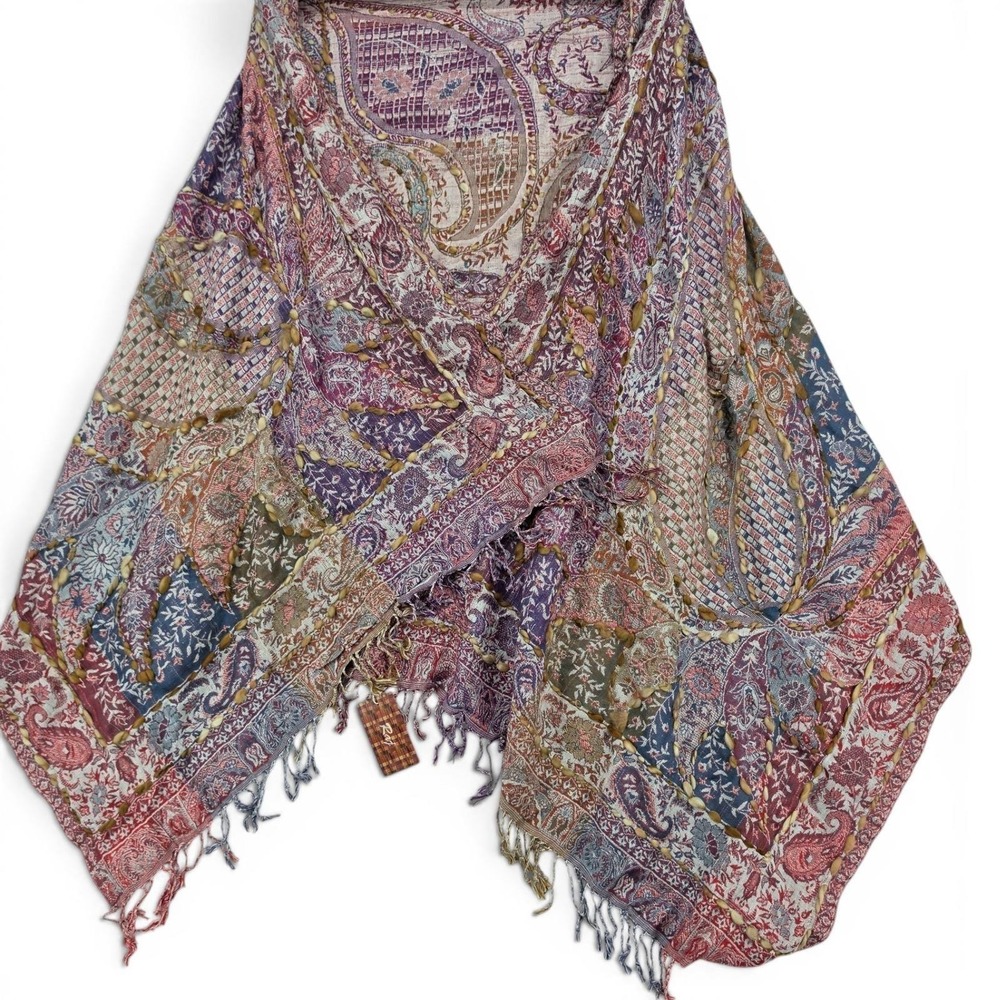 Raj Patchwork Paisley Ruana Wrap Shawl Fringe Boho Festival NWT One Size